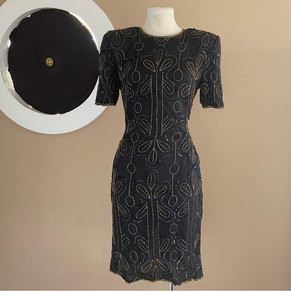 Vintage J.M.C 100% Silk Black Beaded Cocktail Dress Size M